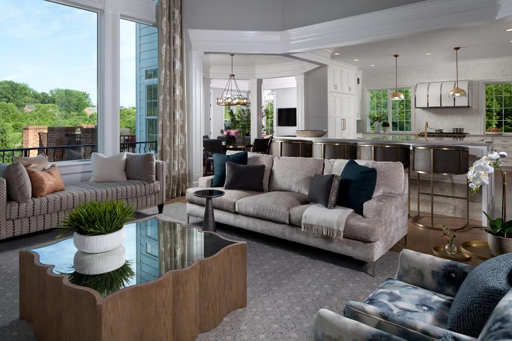 Contemporary family room with medium hardwood flooring, minimalist furniture and grey rug