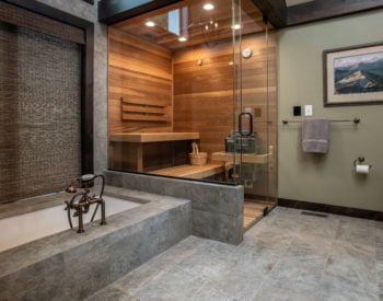 Walk in shower/sauna with wood detailing within rustic/contemporary bathroom