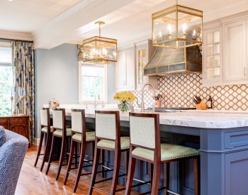 Transitional kitchen island, blue, with marble countertops