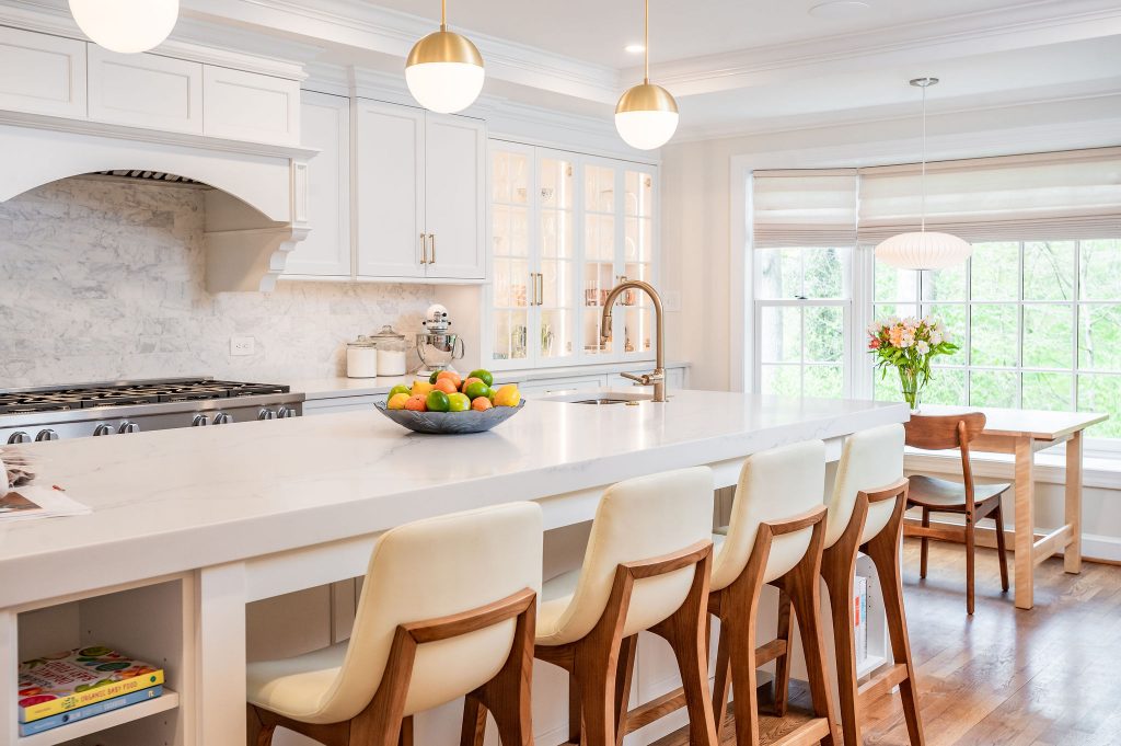 Transitional kitchen island with wooden hi-top chairs and white leather seats (Different view)