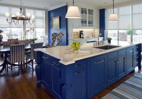 Beautiful kitchen remodel with blue cabinetry in a kitchen remodel by Sunnyfields Cabinetry.