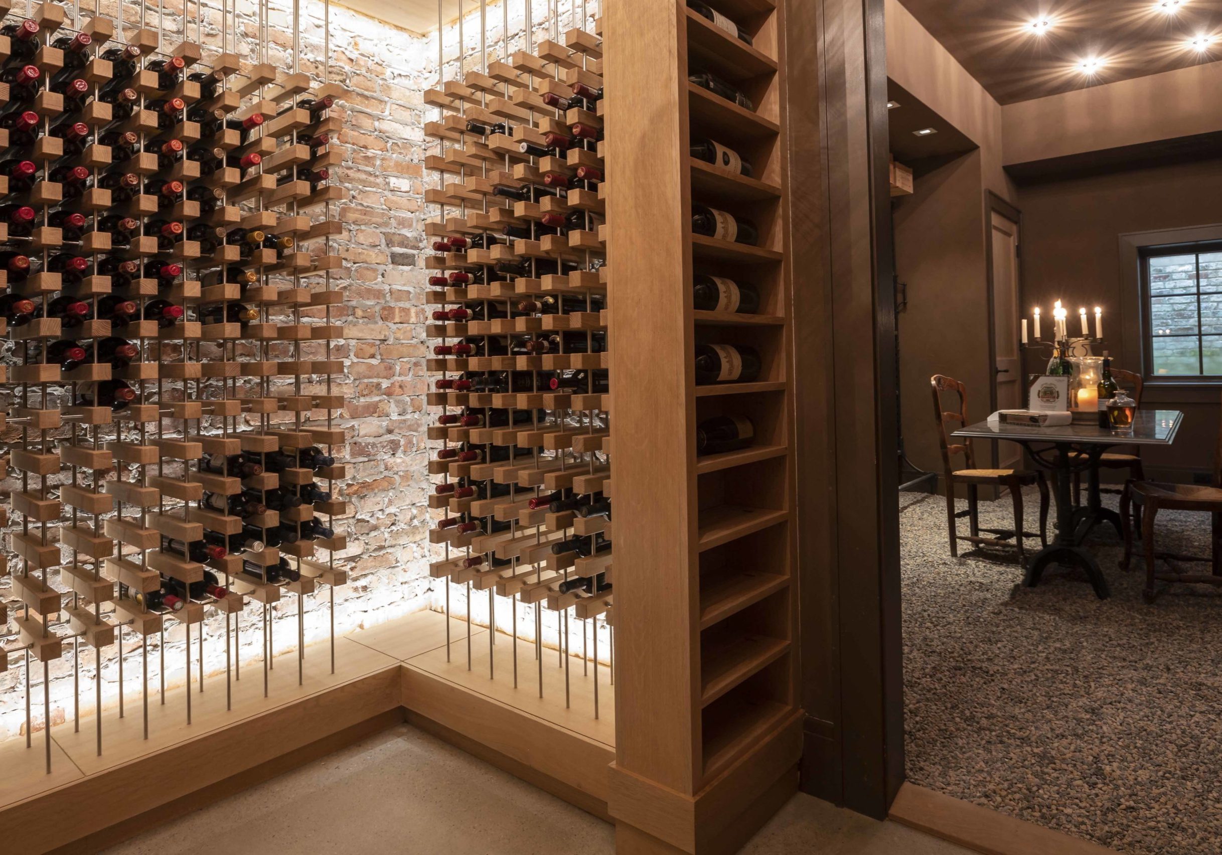 Custom wine cellar completed by Sunnyfields Cabinetry and Delbert Adams Construction Group, both Baltimore luxury home designers.