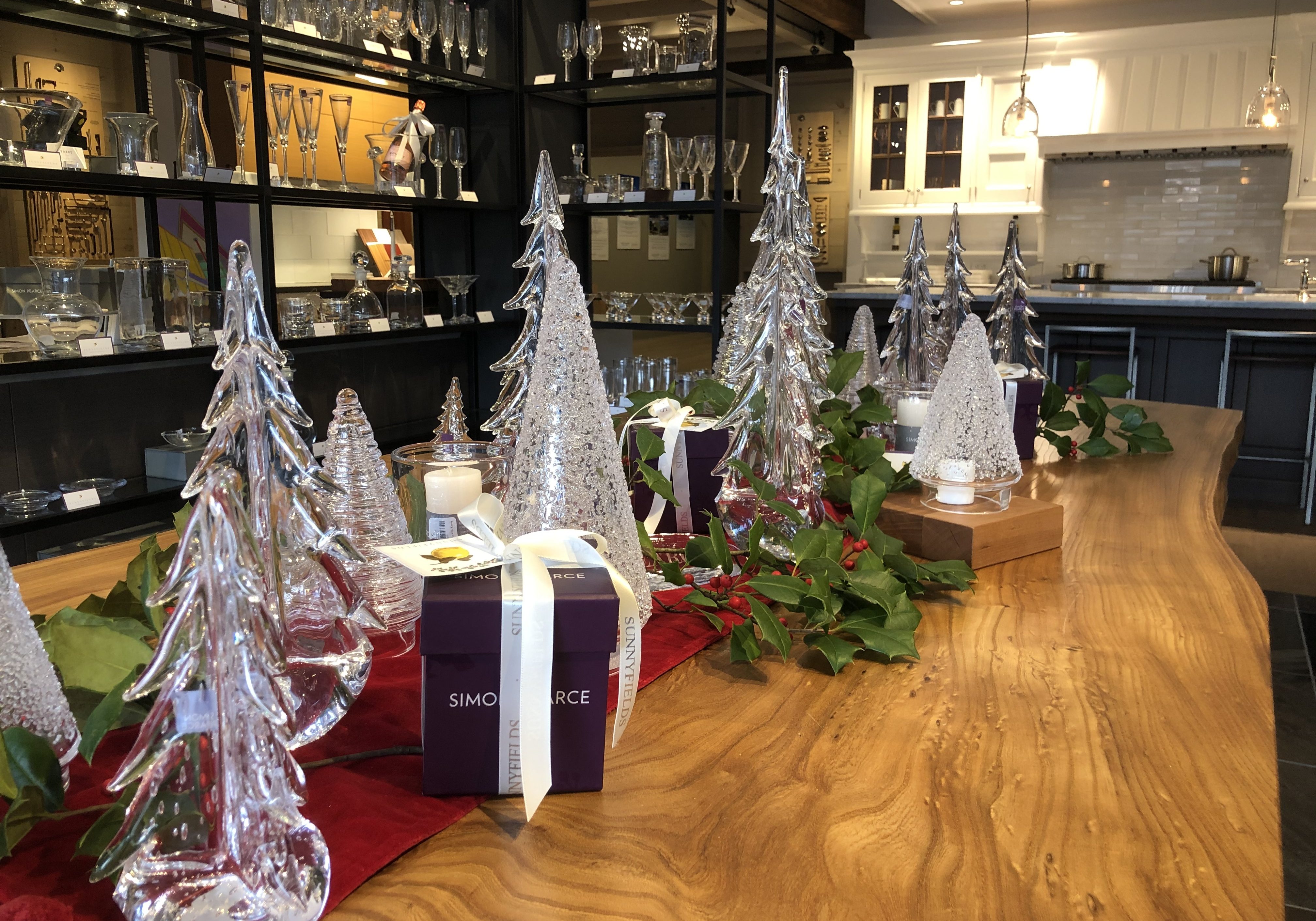 Simon Pearce Wintergreen trees at Sunnyfields Cabinetry showroom