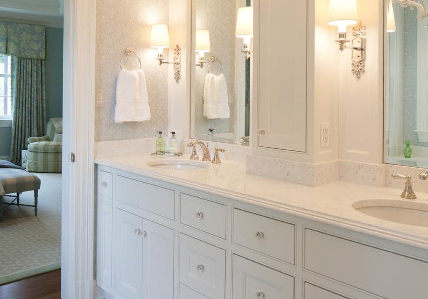 Transitional bathroom with white cabinetry, white marble countertops, and light grey tile flooring